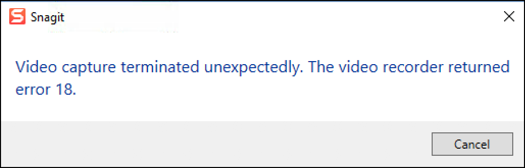 snagit video capture terminated error 18