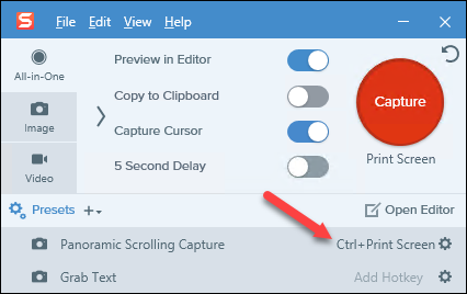 snagit hotkey for capture