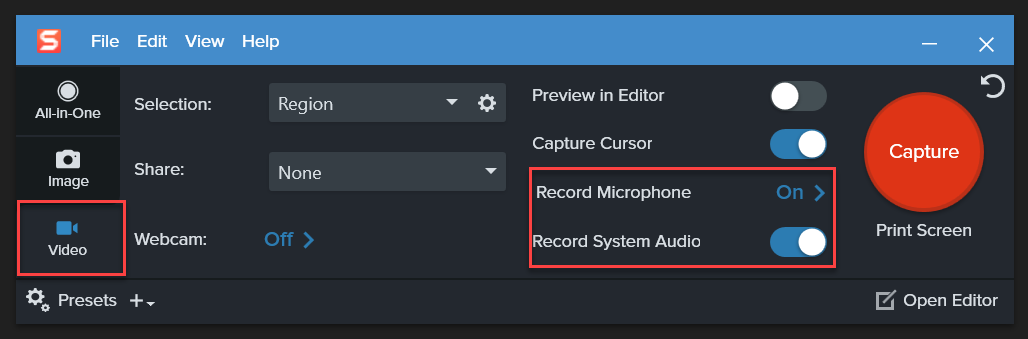 snagit 2018 will not record system audio setup