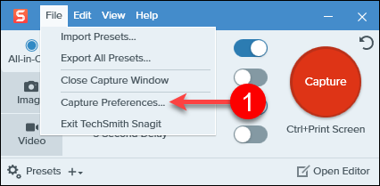 Snagit Capture UI with Fille menu open and an arrow pointing to capture preferences