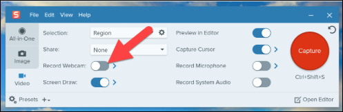Snagit capture application window with the video tab selected featuring an arrow that is pointing to the record webcam switch