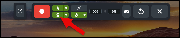 Snagit Recording Toolbar with an arrow pointing to the webcam toggle icon
