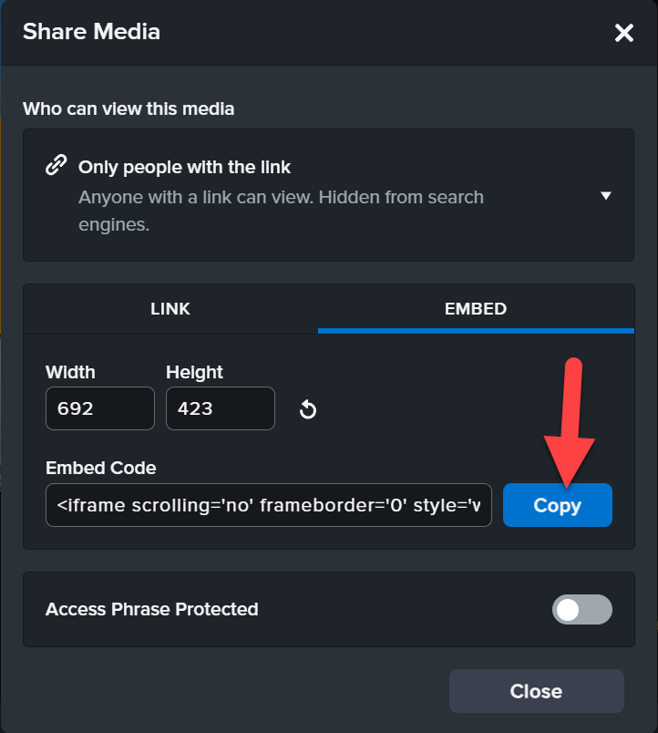Red arrow pointing to copy button in share popup