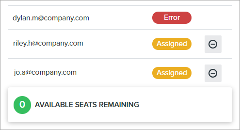 you can view a table that shows the emails of all persons who have a product seat assigned. Next to each email, you can view the seat status: assigned or error