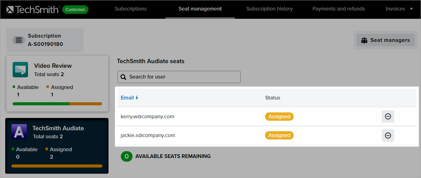 seats page with emails of the persons who claimed a product seat