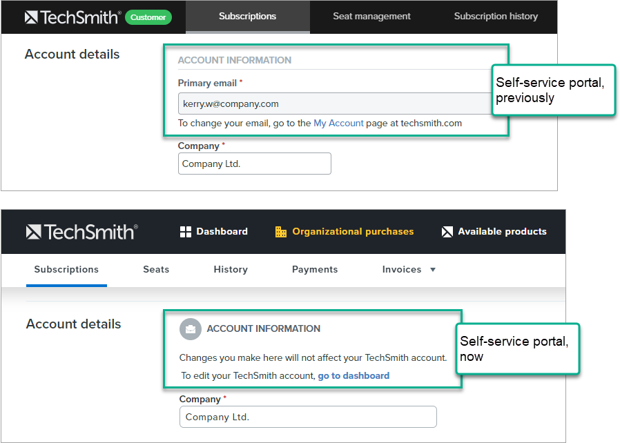 account information section on the organizational purchases page