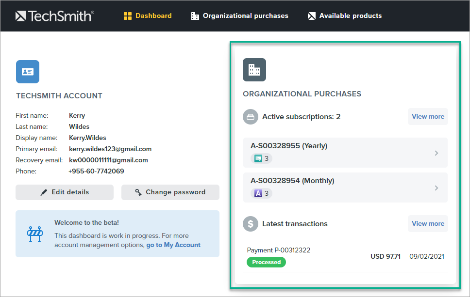on the dashboard, you can view the summary of your organizational purchases (that is, your multi-seat subscriptions)