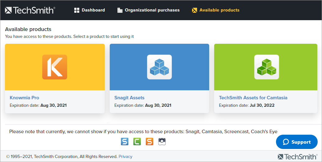 on the available products page, you can view the TechSmith products that you can use