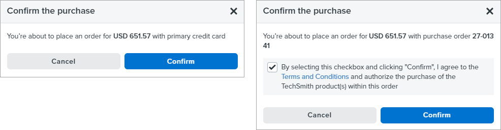 the confirmation dialog appears, saying that you're about to place an order for this amount with this payment method. You may need to familiarize with the terms and conditions available at www.techsmith.com/legal.html