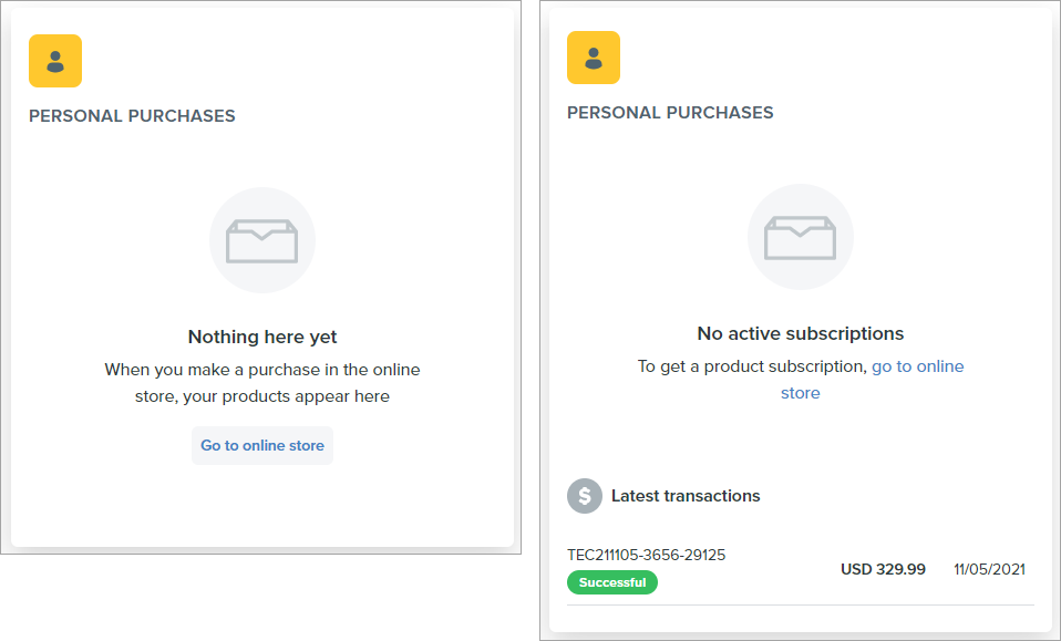 at manage.techsmith.com, on the dashboard, you can view the hints saying that you don’t have an account for personal purchases or no active subscriptions