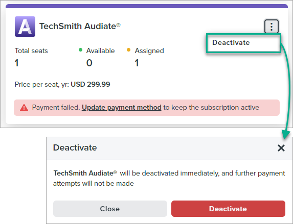 at manage.techsmith.com, on the online store orders page, your product subscriptions appear. if your payment on a product is overdue, you can remove this product subscription. For this, from the product menu, select deactivate
