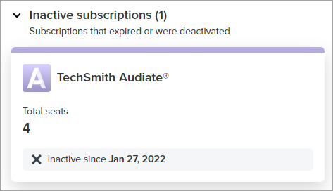 at manage.techsmith.com, on the online store orders page, your product subscriptions appear. at the bottom of the page, you can view the inactive subscriptions sections. This section shows your product subscriptions that expired or were deactivated