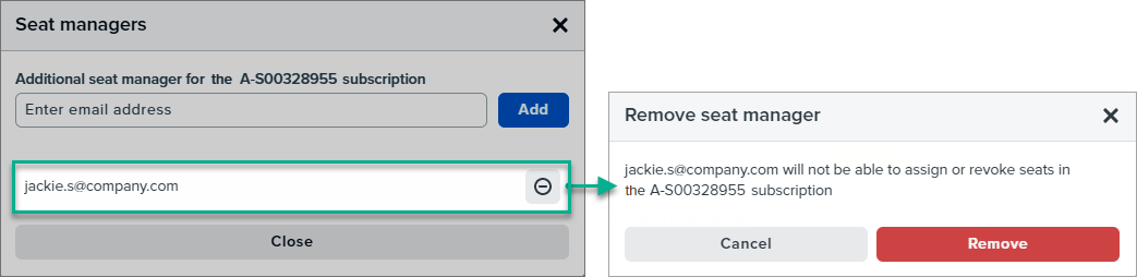in the seat managers dialog, next to the email of a seat manager, you can click remove. A confirmation dialog appears, saying that the person with this email address will not be able to assign or revoke seats in the subscription, and are you sure you want to remove this seat manager