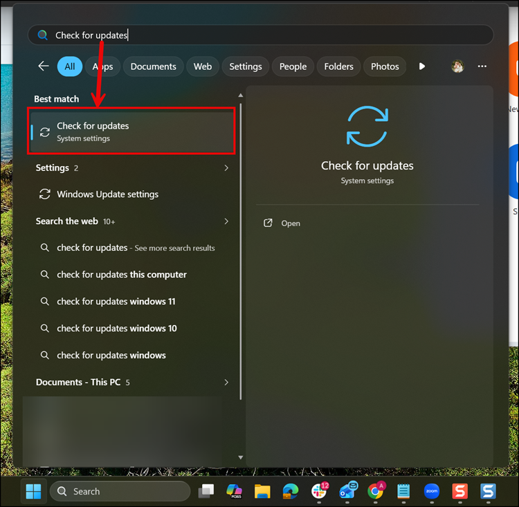 Windows Start menu with check for updates in the text input search field featuring and arrow pointing to the check of updates option