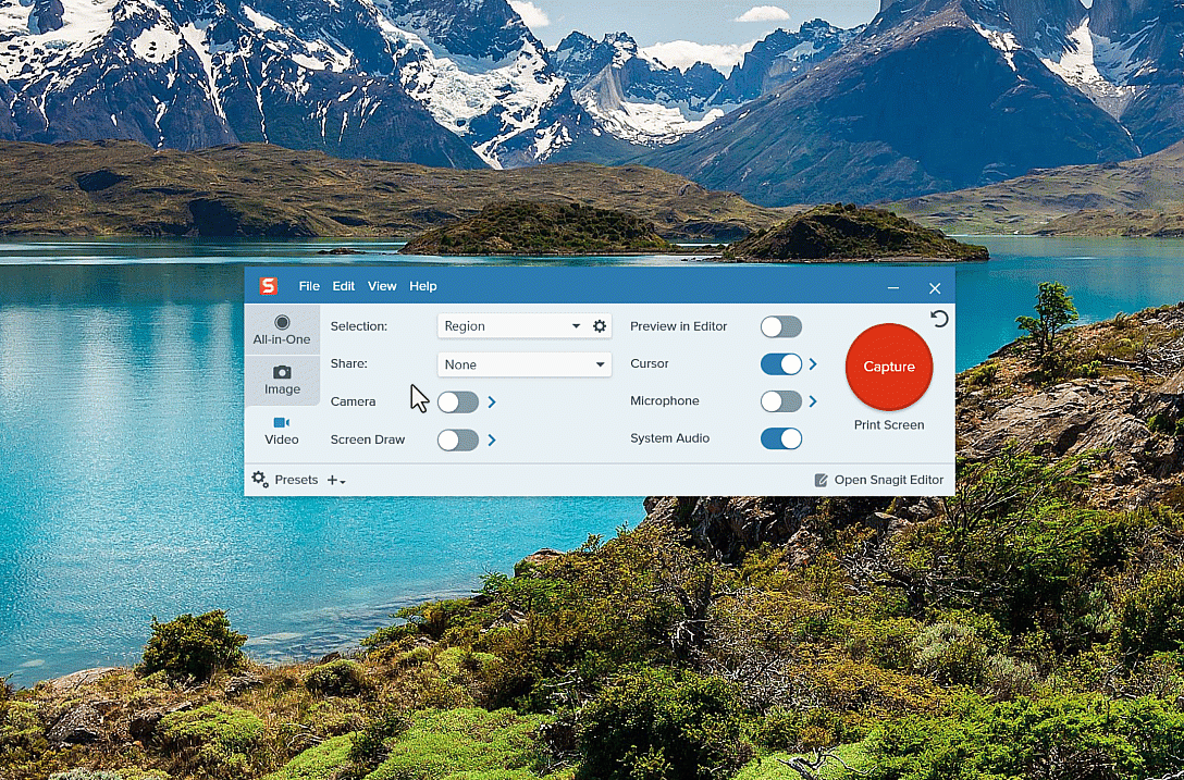 Mouse cursor navigating the Snagit Capture UI. Selecting File and then Capture preferences, clicking on the capture tab within the options and then deselecting the checkbox for Enable Webcam