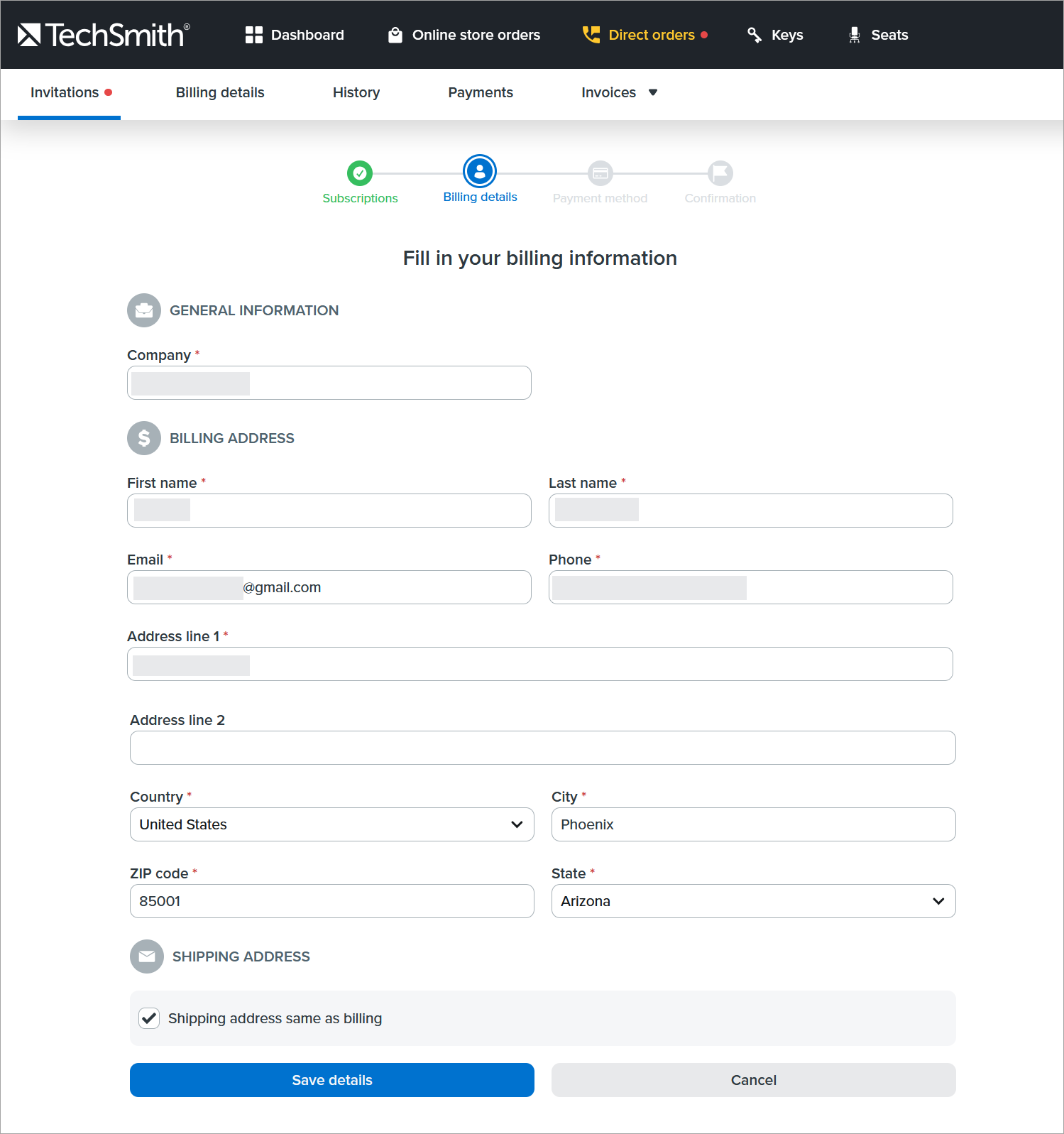 Billing information page