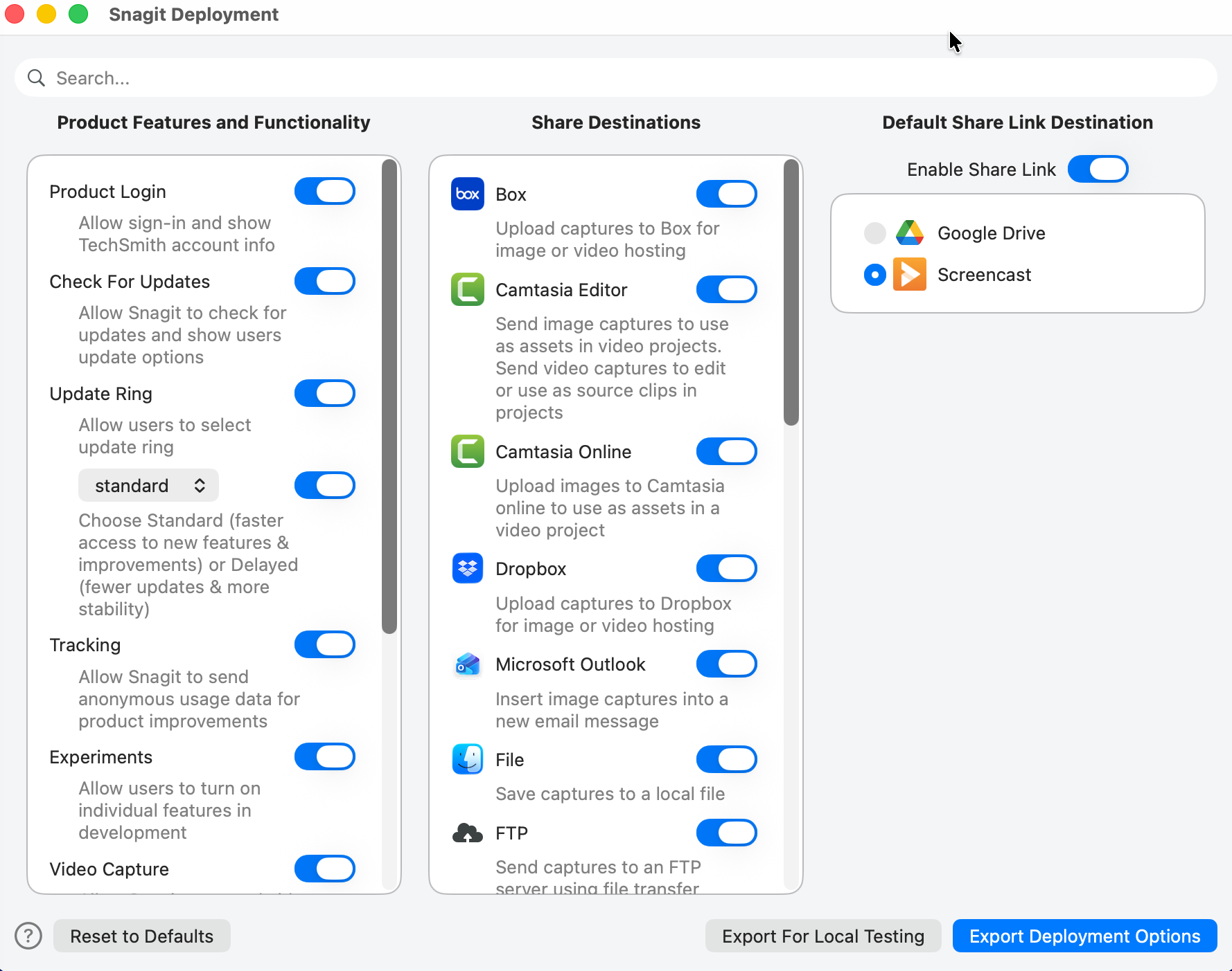Screenshot of Snagit Deployment tool containing 3 separate boxes with scrollable windows and clickable switches, set to on