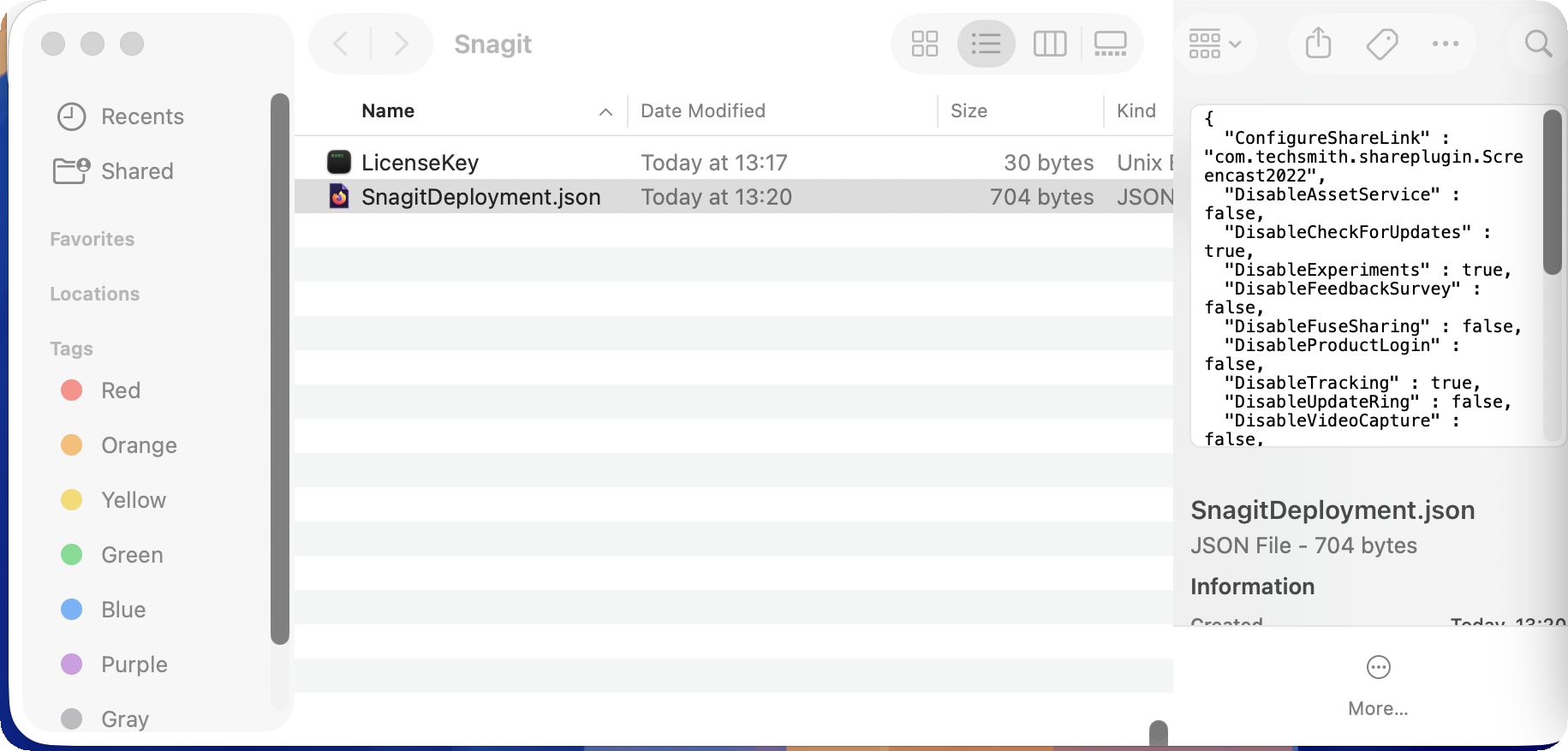 Screenshot of a macOS Finder Window with texts for LicenseKey and Snagitdeployment.json