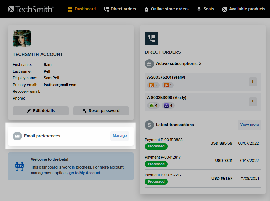 on the dashboard, under your TechSmith account details, you can view the panel with a link to manage your email subscriptions