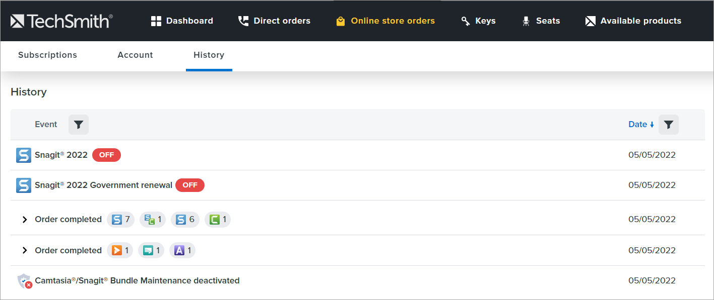 in online store orders, on the history page, you can view your maintenance-related events