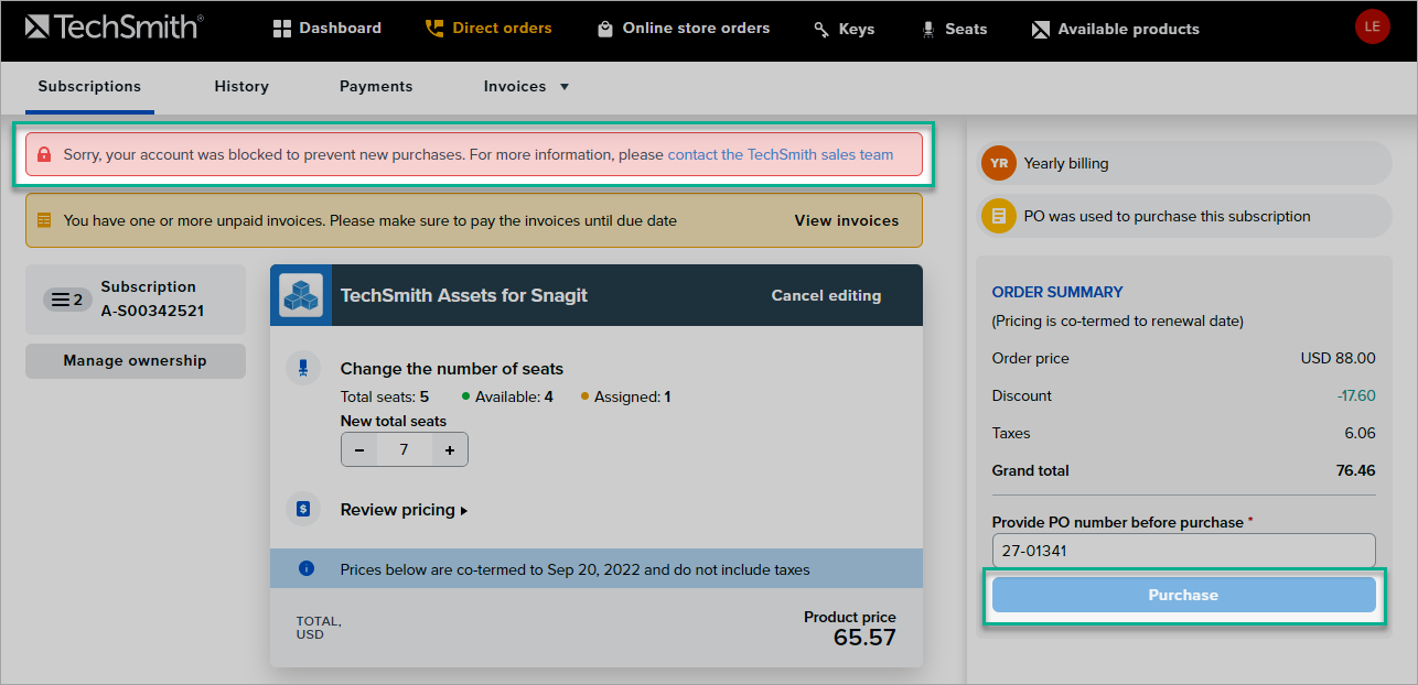 in direct orders, on the subscription page, in the order summary section, the purchase button may be inactive