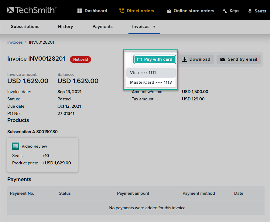 in direct orders, on the invoice page, you can view the pay with card option