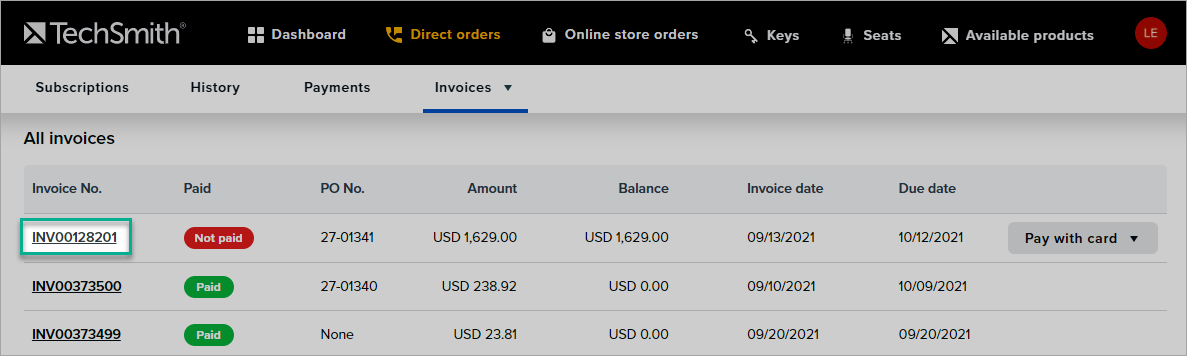 in direct orders, on the invoices page, you can view a list of all your invoices