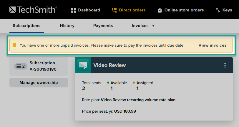 in direct orders, on the subscription page, you can view a hint saying that you have one or more unpaid invoices, and please make sure to pay the invoices until due date