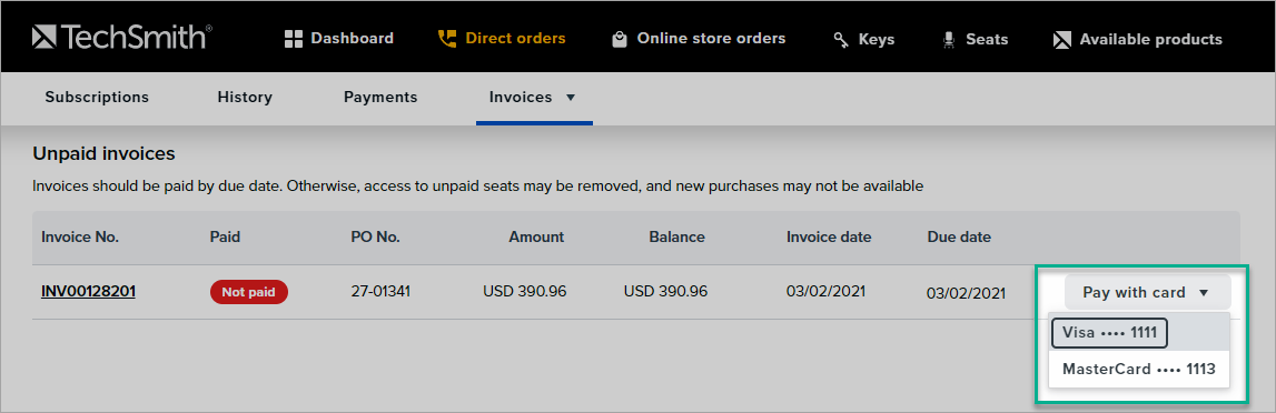 in direct orders, on the invoices page, next to all unpaid invoices, you can view the option to pay with card
