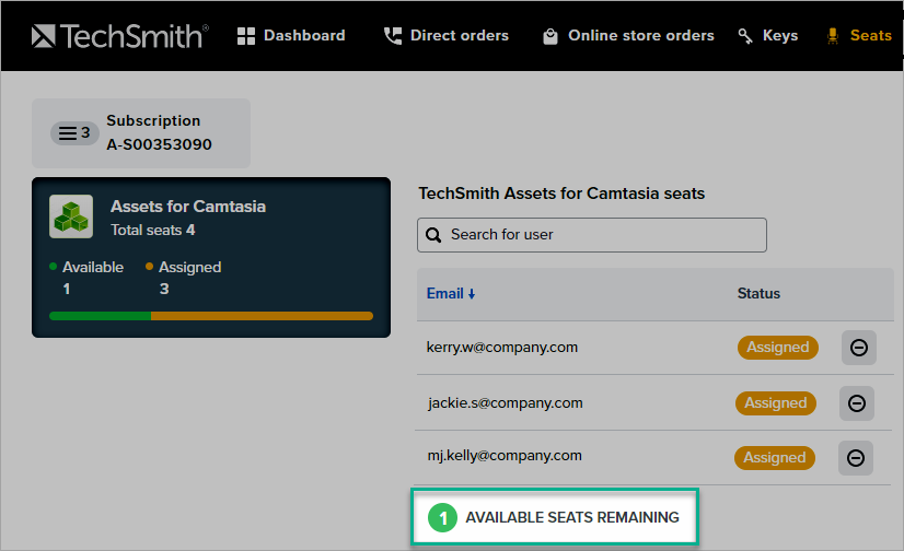on the seats page, for each product, you can view the number of available seats, and you can revoke the assigned seats, so that they become available