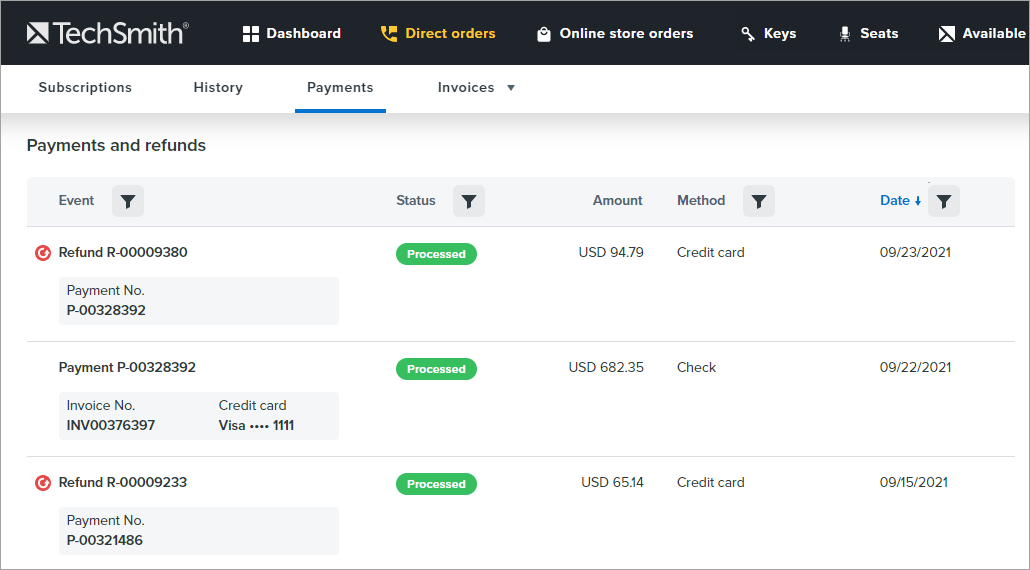 in direct orders, on the payments page, you can view all transactions related to all of your subscriptions