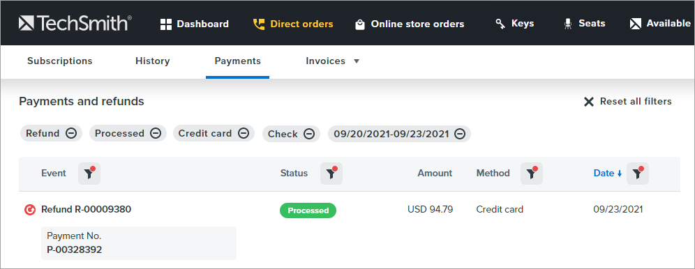 in direct orders, on the payments page, you can view only those refunds that match the defined filters
