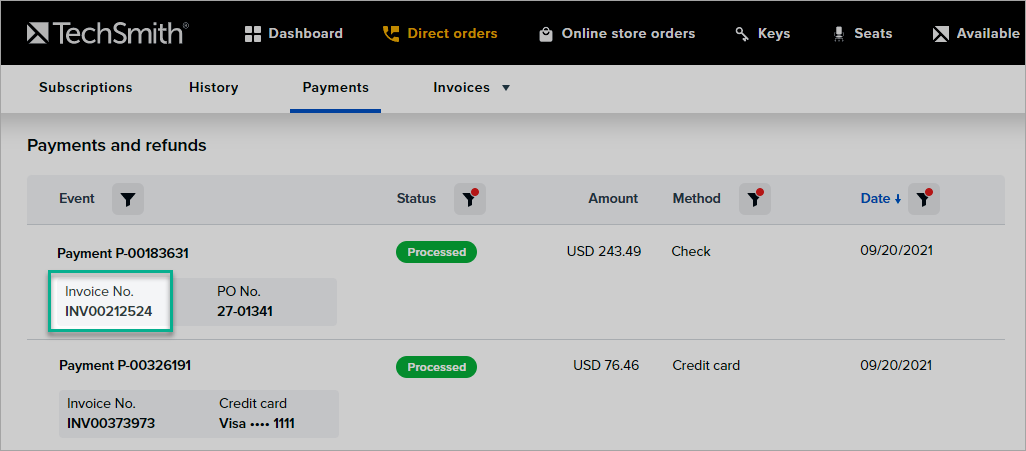 in direct orders, on the payments page, for each payment, you can view the invoice number