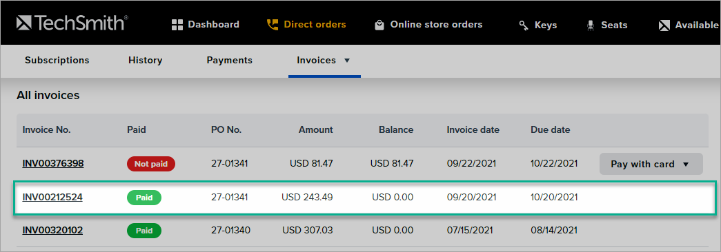 in direct orders, use the invoice number on the payments page to find the corresponding invoice on the invoices tab