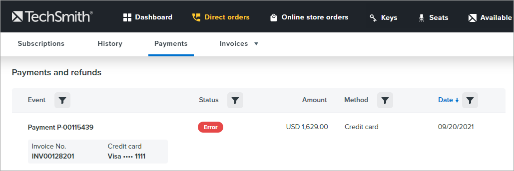 in direct orders, on the payments page, you can view the status of each payment. As a rule, the status is processed, but also, the payment may be in the error status