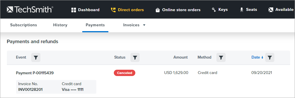 in direct orders, on the payments page, you can view the status of each payment. As a rule, the status is processed, but also, the payment may be in the canceled status