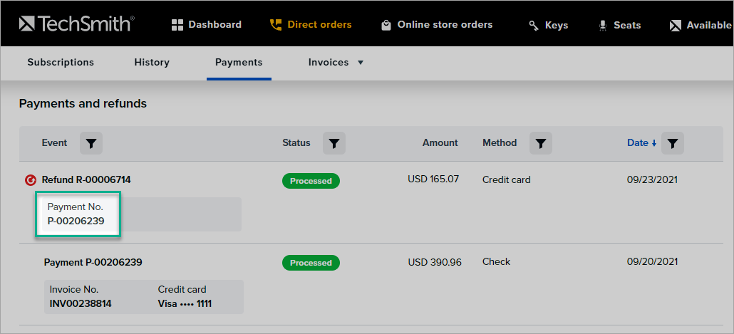 in direct orders, on the payments page, for each refund, you can view the payment number