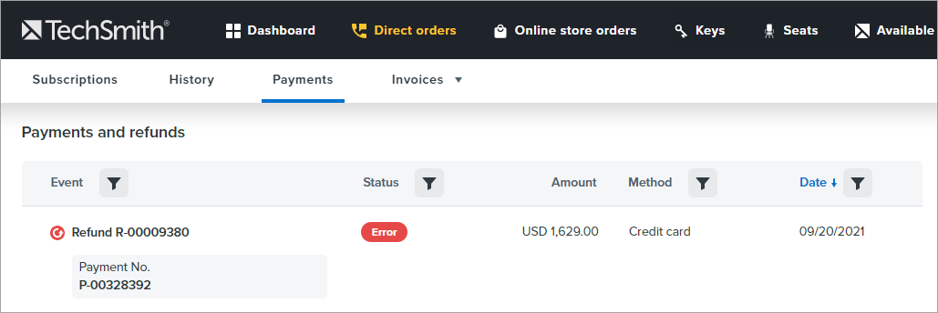 in direct orders, on the payments page, you can view the status of each refund. As a rule, the status is processed, but also, the refund may be in the error status