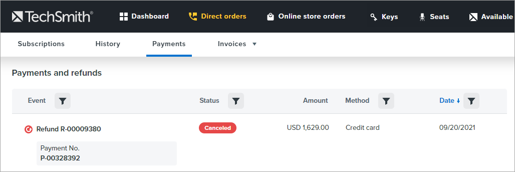 in direct orders, on the payments page, you can view the status of each refund. As a rule, the status is processed, but also, the refund may be in the canceled status